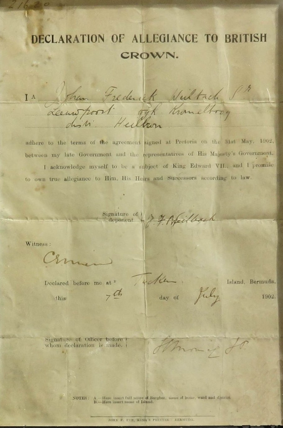 JF Weilbach declaration of allegiance